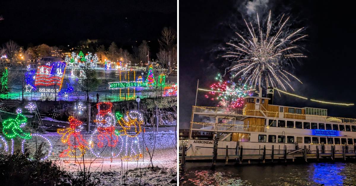 lights at the lake on the left, lake george winter carnival fireworks over cruise ship on the right