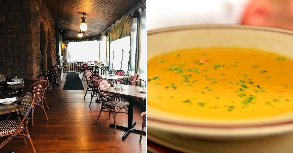 left image of restaurant porch and tables; right image of squash soup