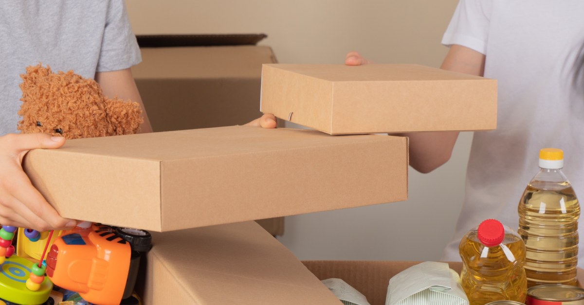 food and toy donations in boxes