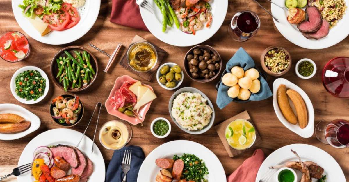 overhead view of food on table