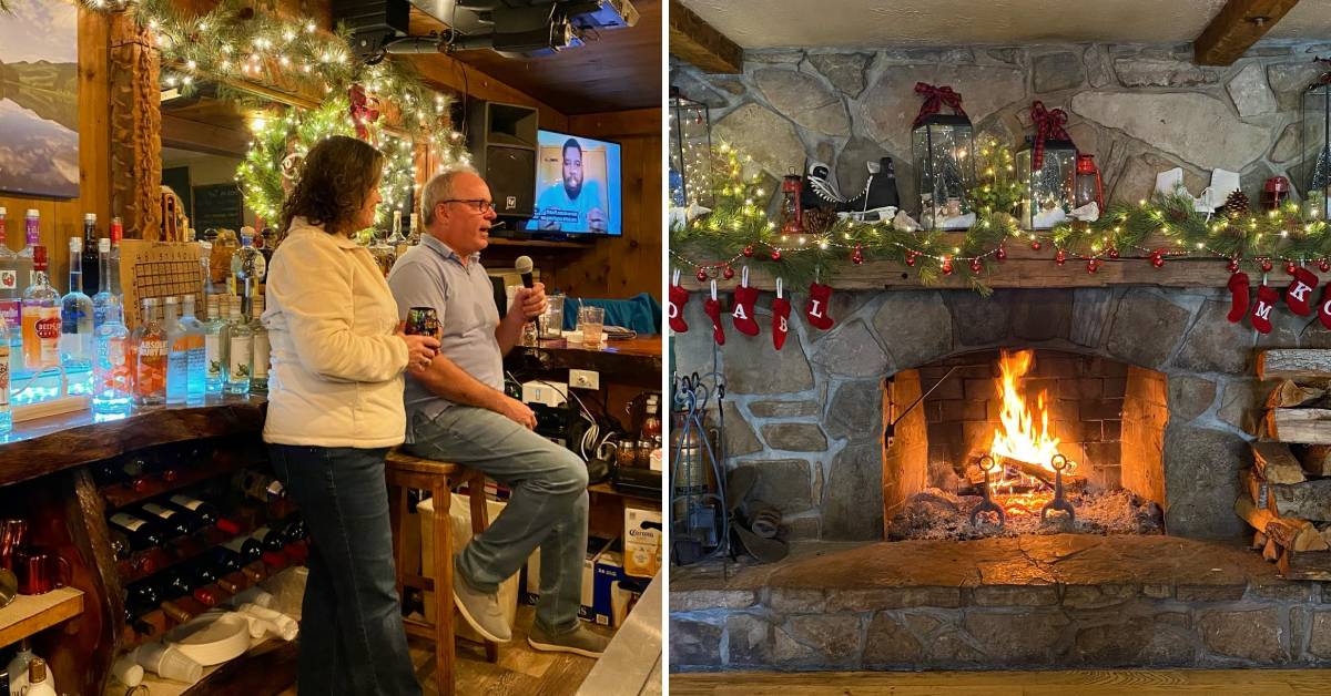 people behind bar on left, fire in fireplace on right