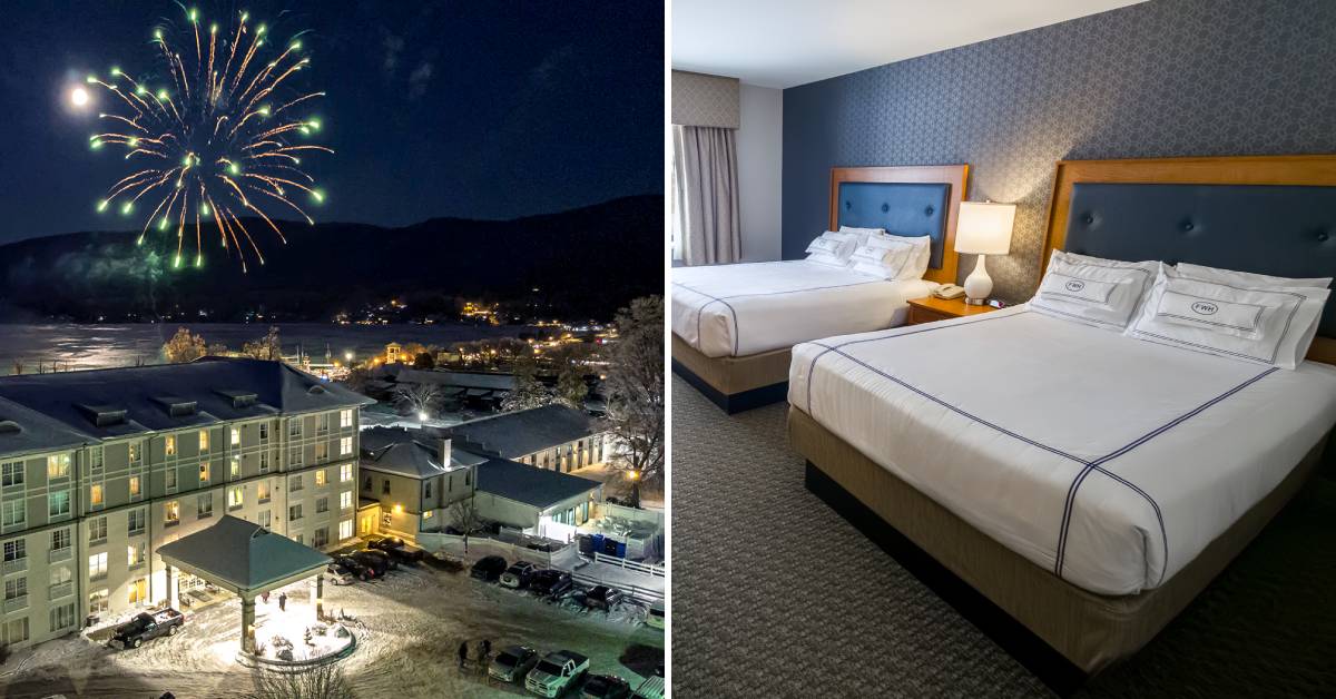 fireworks over hotel on the left, hotel beds on the right