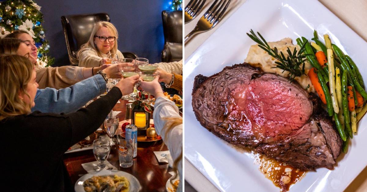 people cheersing in restaurant on left, steak with green beans and carrots on the right