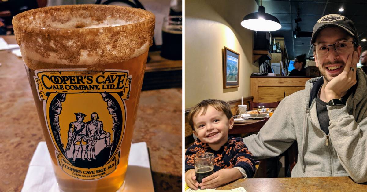 split image with beer on the left and kid and dad at restaurant on the right