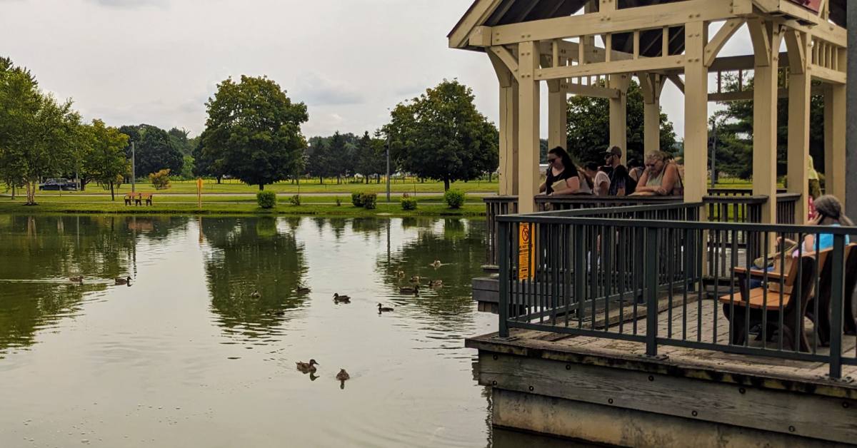 people in pavilion watch ducks in pond at crossings at colonie