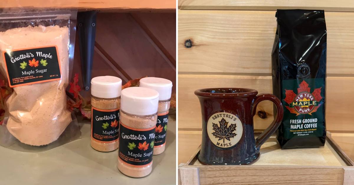 grottoli's maple products with maple sugar, coffee, coffee mug