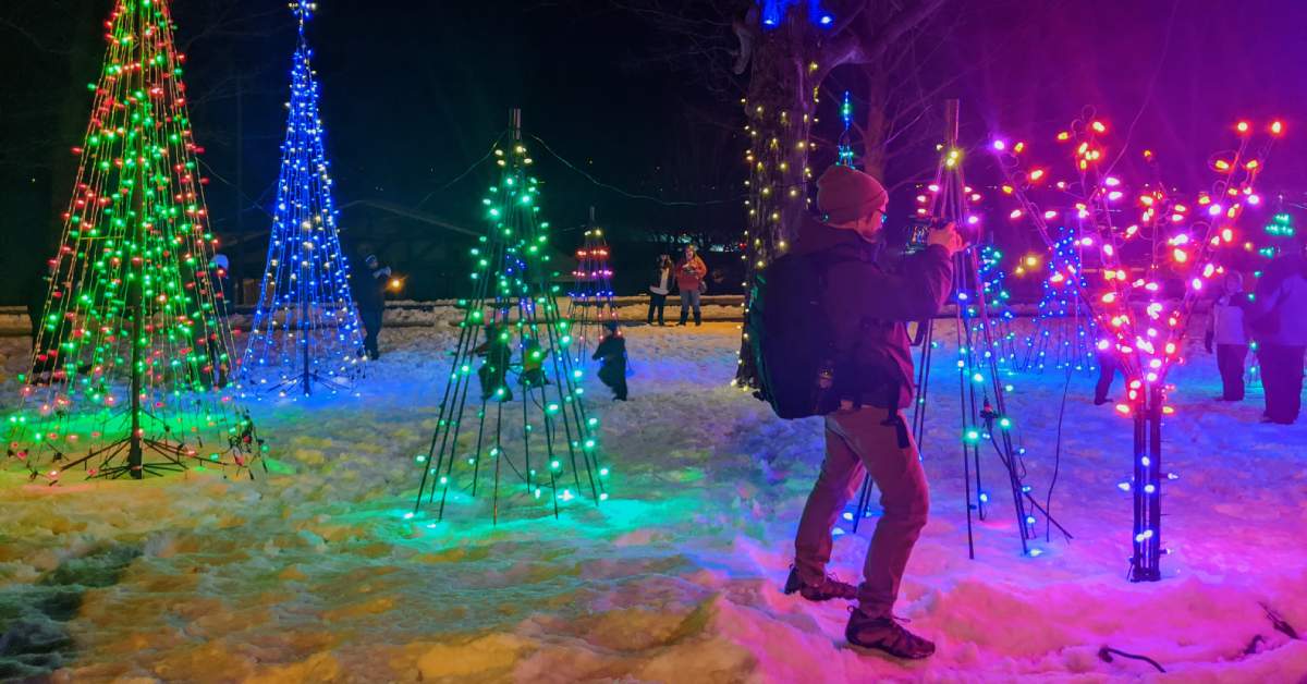 man taking photo of holiday lights on fake outdoor tree displays