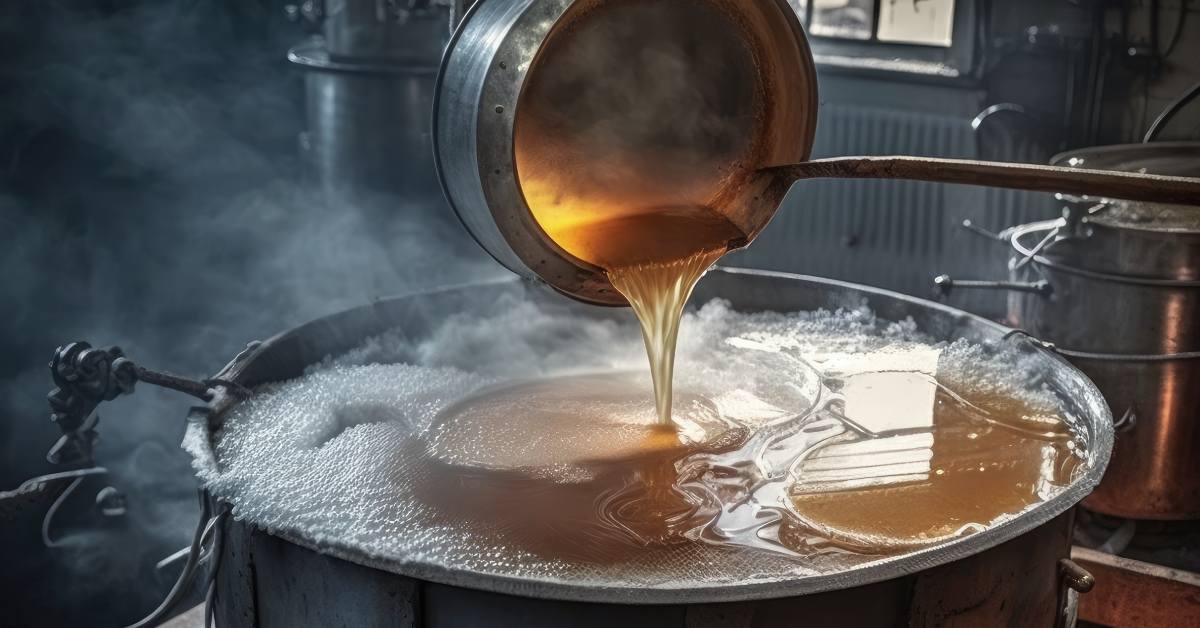 maple syrup production, being poured into a large pot