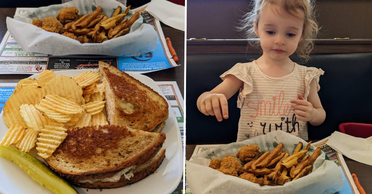 sandwich with chips and fries with chicken bites and kid
