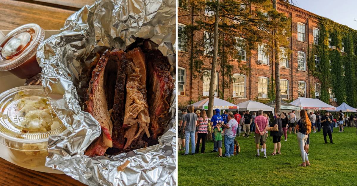 barbecue meat on the left, people at vendors at food truck festival on right