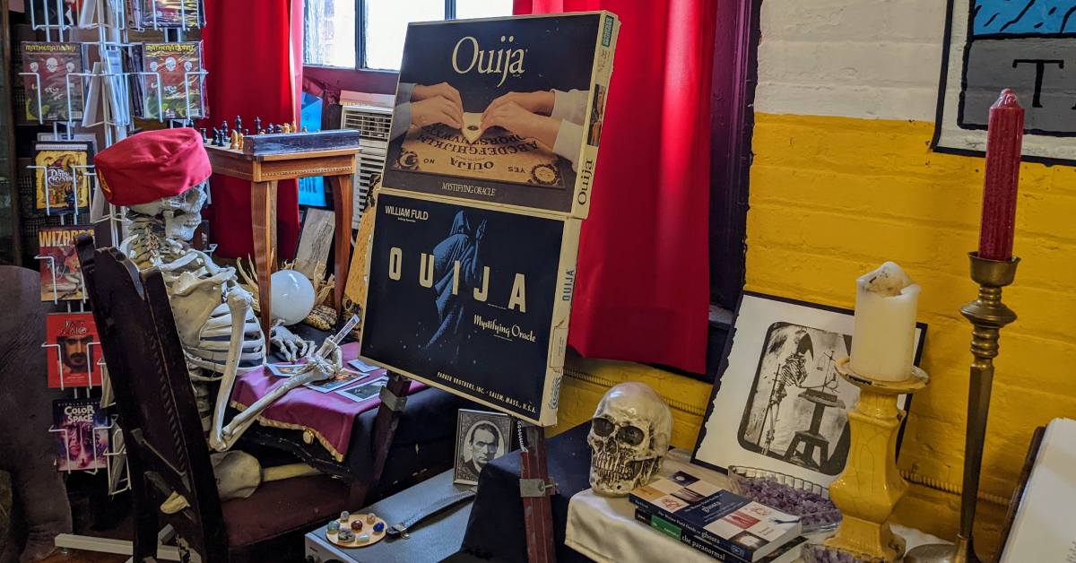 skeleton and ouija boards in store