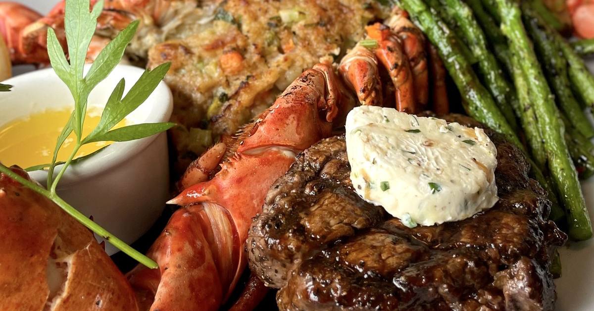 steak, lobster, and asparagus
