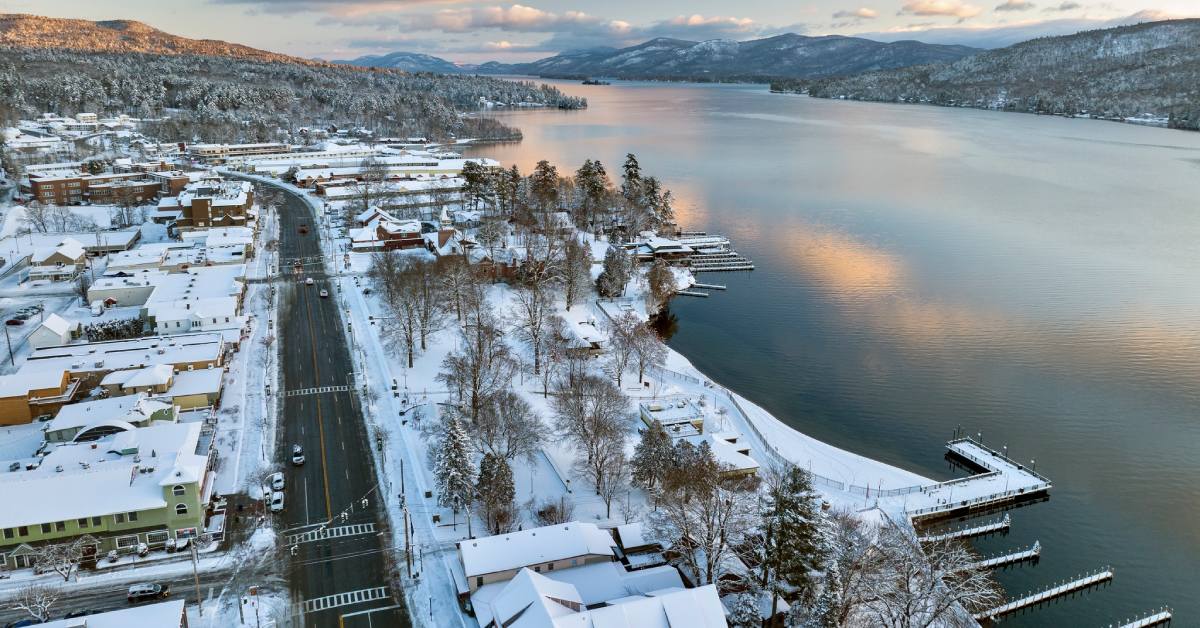 aerial view of lake george in winter