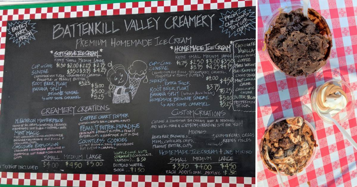 battenkill valley creamery ice cream menu and three different kinds of ice cream in dishes