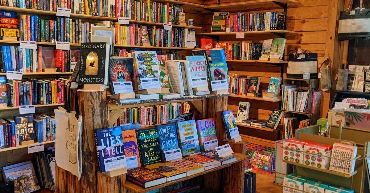 book display and shelves at the book cabin in lake george