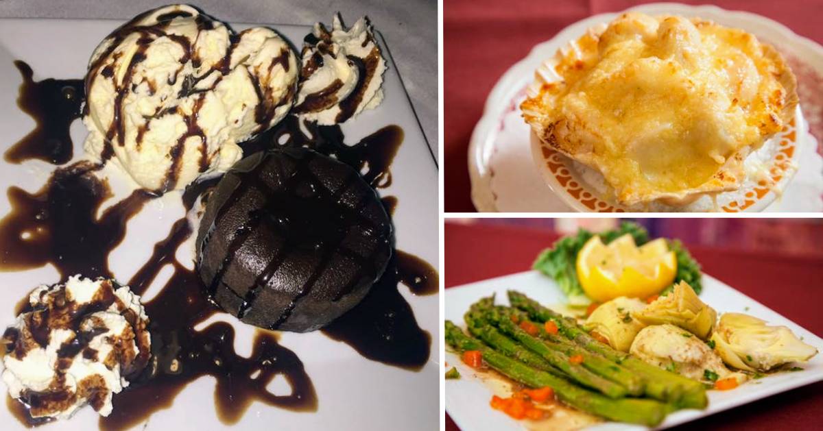 collage with dessert and french food