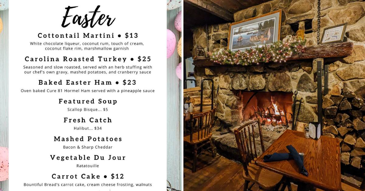 easter menu on the left, dining area by fireplace on the right