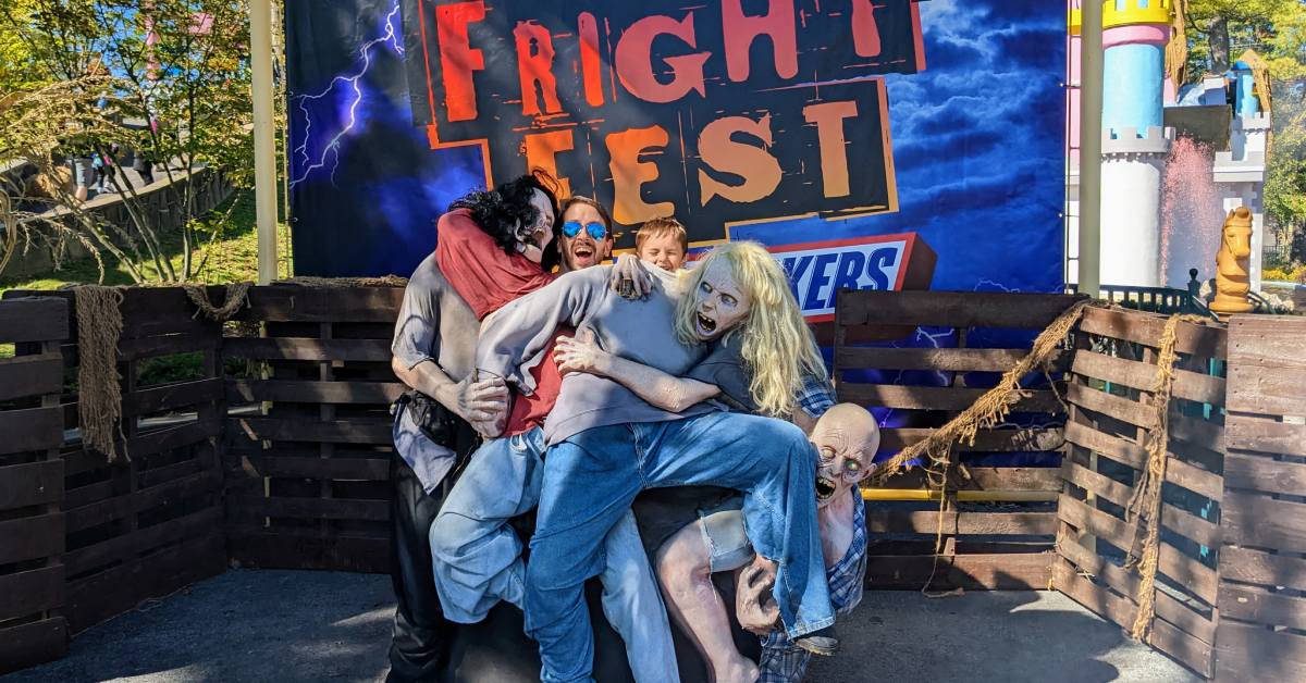 photo op with zombies in front of fright fest sign at great escape
