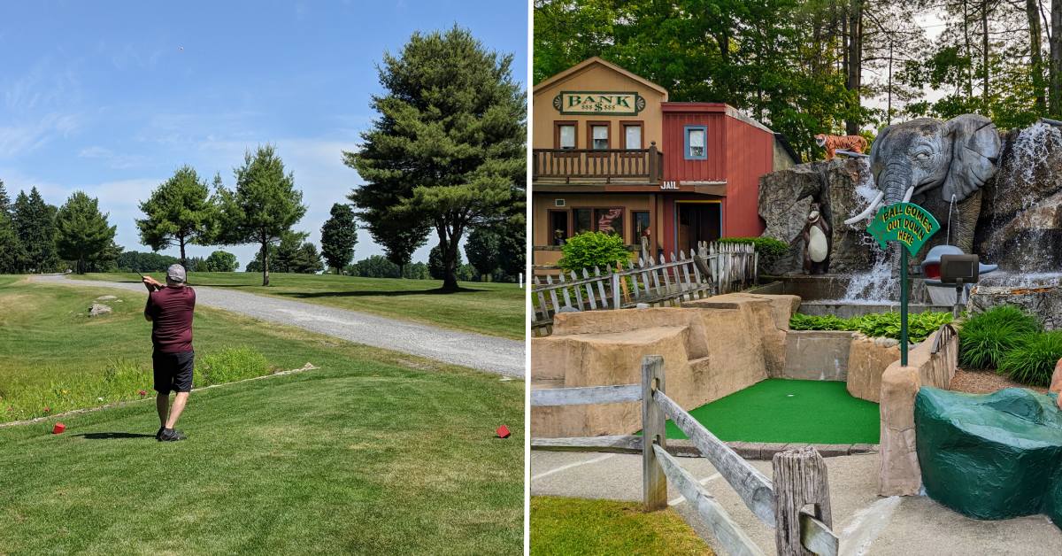 man swings golf club on golf course on the left, a mini golf spot on the right