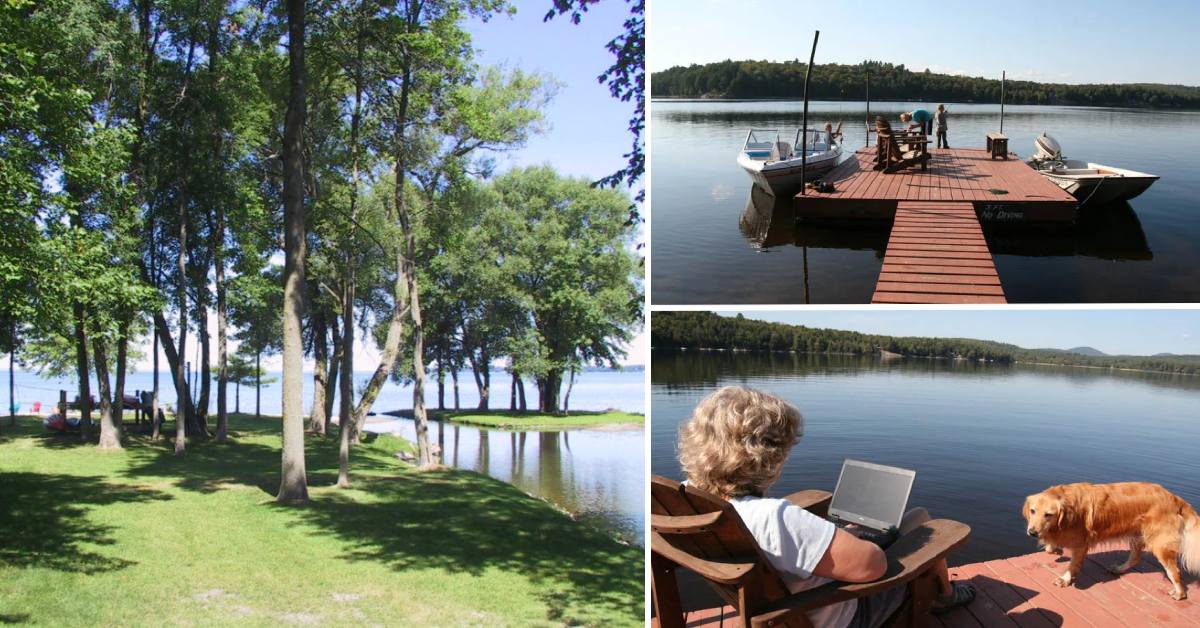 journey's end property with lake, dock, woman sits by lake with laptop and dog