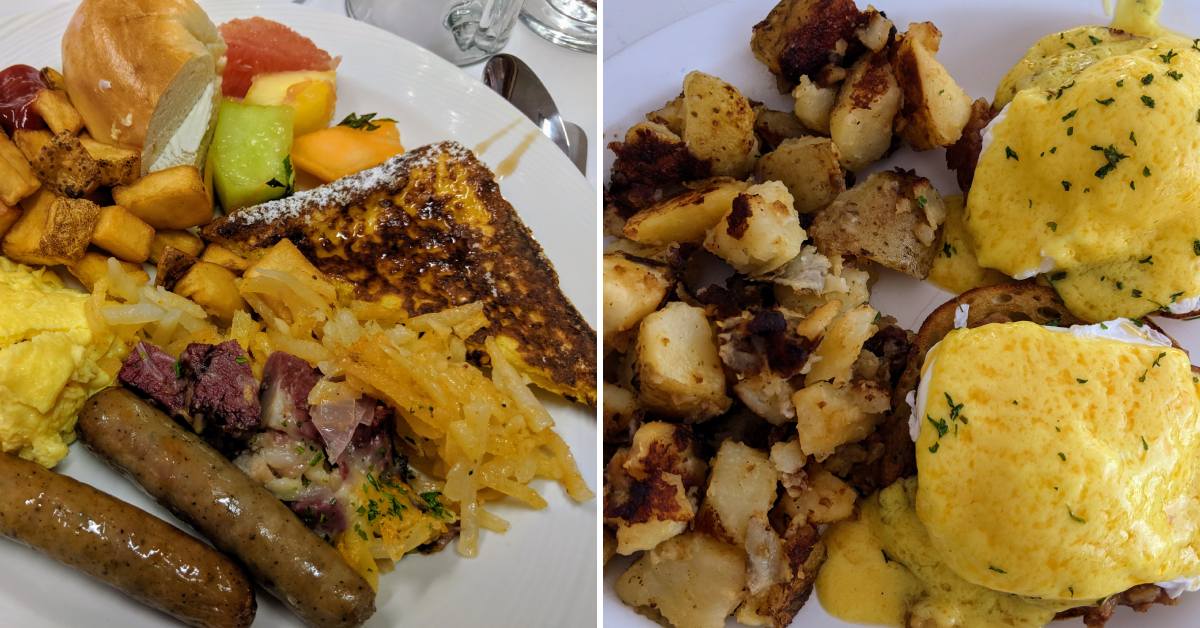 brunch food with sausage, toast, home fries, eggs benedict, fruit