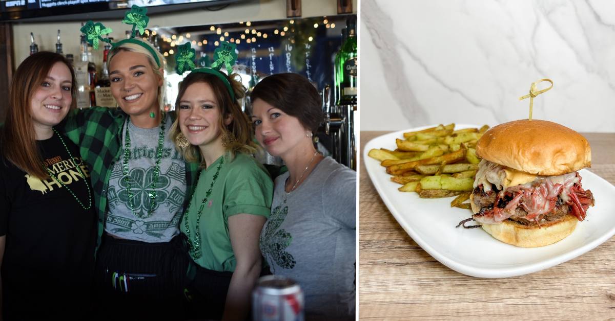four women pose in a bar in st. patrick's day outfits on the left, o'brien burger on the right