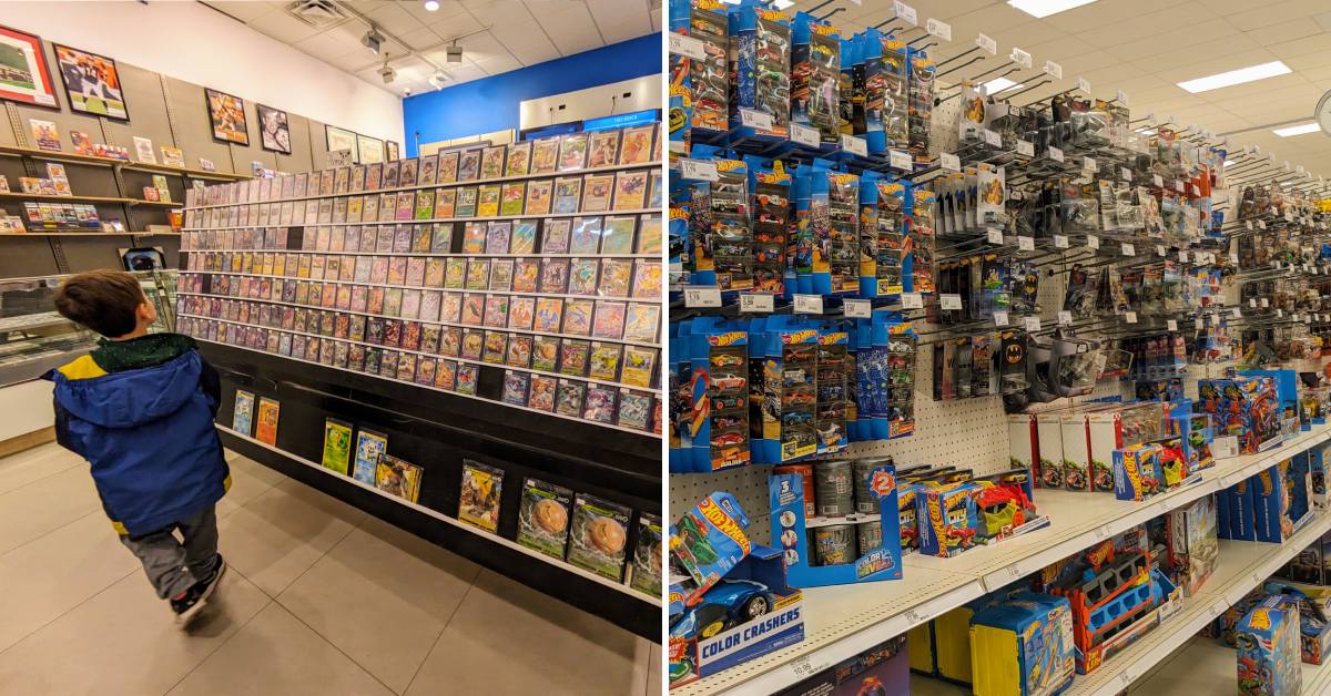 kid looks at cards at trading card hub on the left, toys on display in target on the right