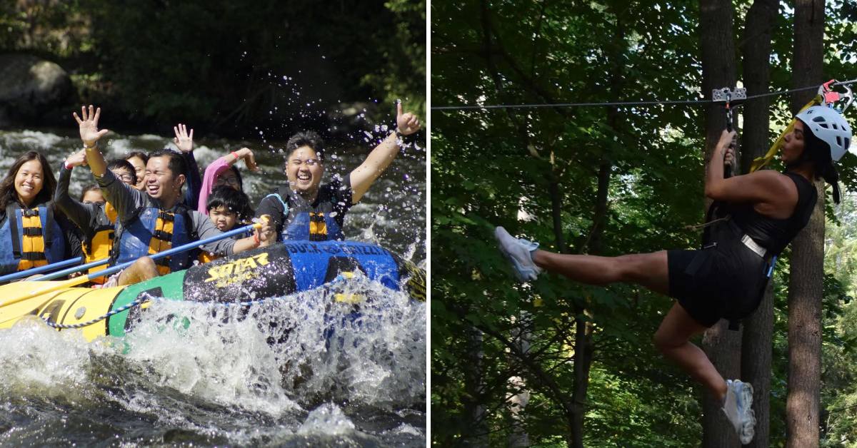 whitewater rafters on the left, treetop adventure girl on the right