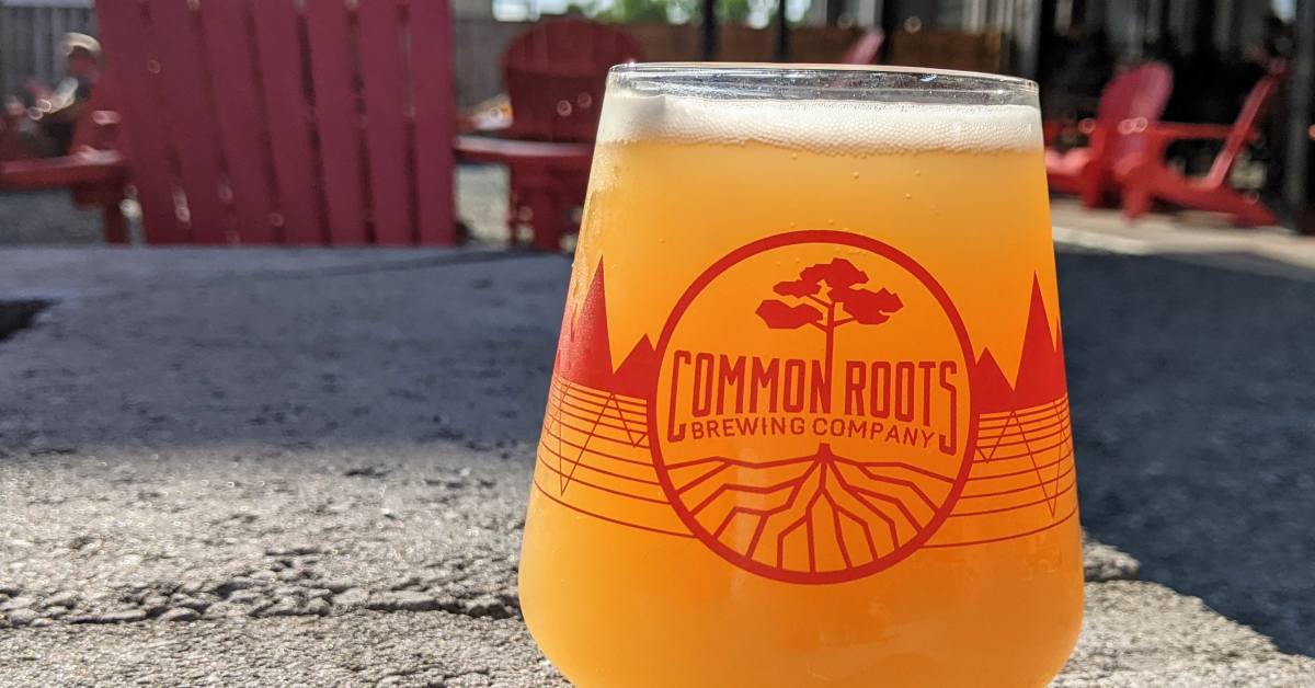 glass of common roots beer on their patio