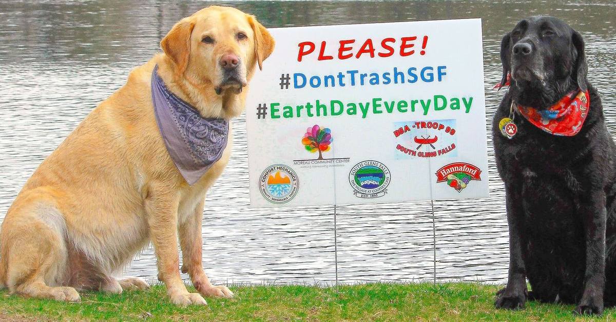 two dogs stand by water and sign about not trashing south glens falls for earth day