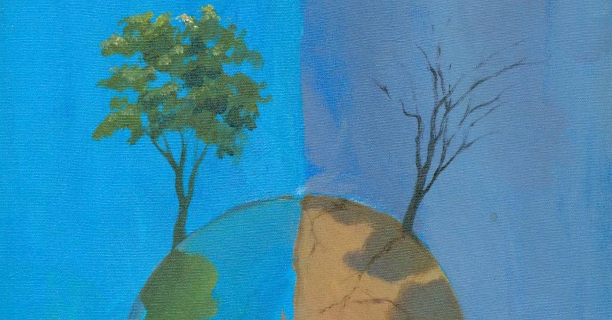 drawing/painting of earth with full tree on left and bare tree on right