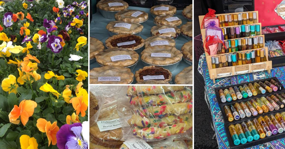potted flowers, pies, cookies, and cosmetics at the farmers market
