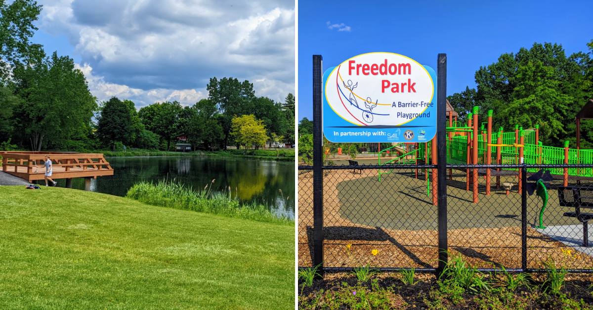 man with fishing pole by pond at hovey pond park on the left, sign for freedom park playground on the right