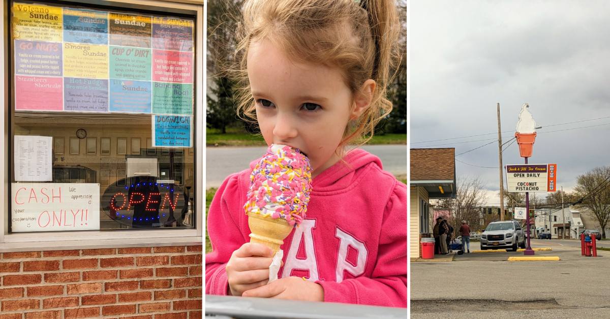 jack and jill's ice cream in hudson falls - order window, girl with unicorn sprinkles on her ice cream, and signage