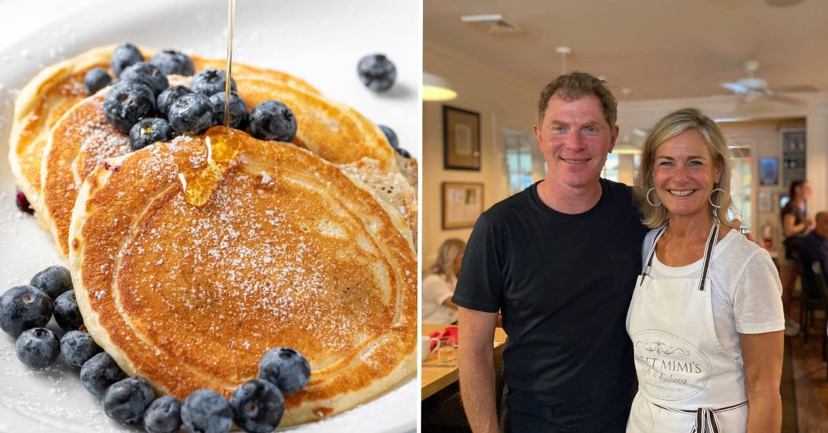 lemon ricotta pancakes with blueberries on the left, bobby flay with sweet mimi's owner on the right