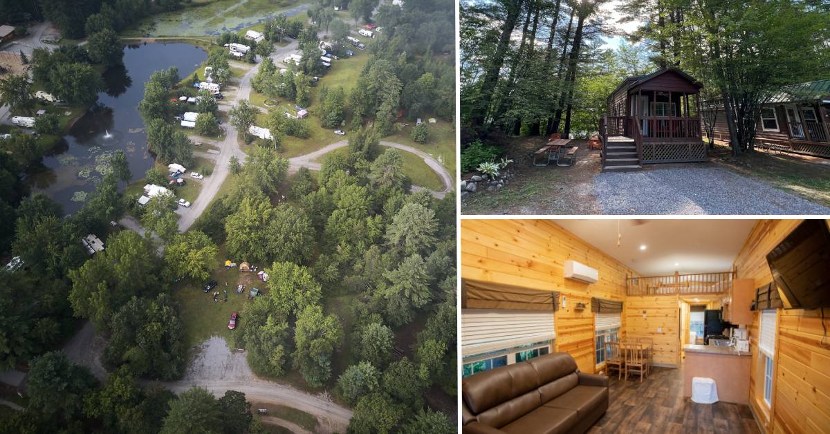 aerial view of a campground, cottage photo, and the inside of a cottage