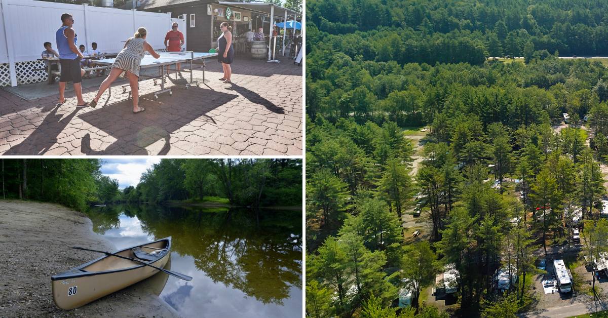 people playing paddleball or ping pong, a rowboat, and aerial view of campground
