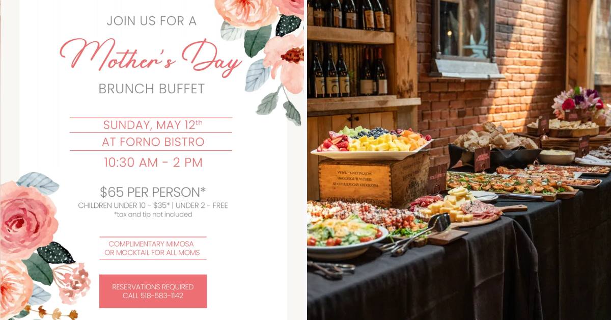 mother's day brunch buffet, may 12, 10:30am to 2pm, $65 per person