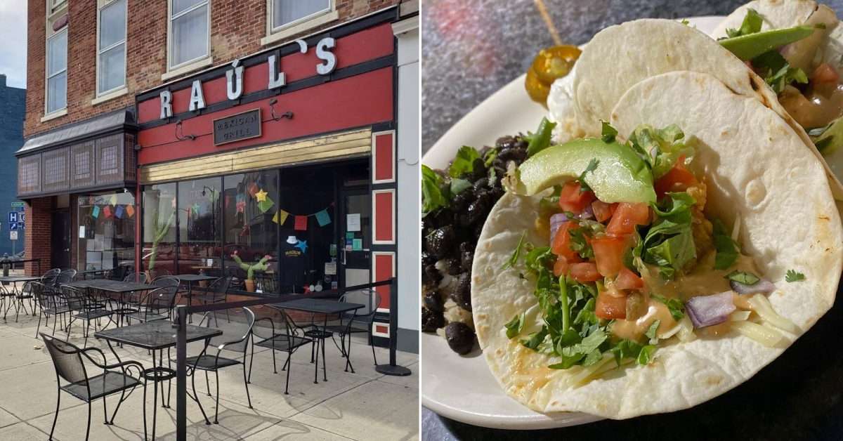 left image of tables and chairs by Raul's Restaurant, right image of an open taco