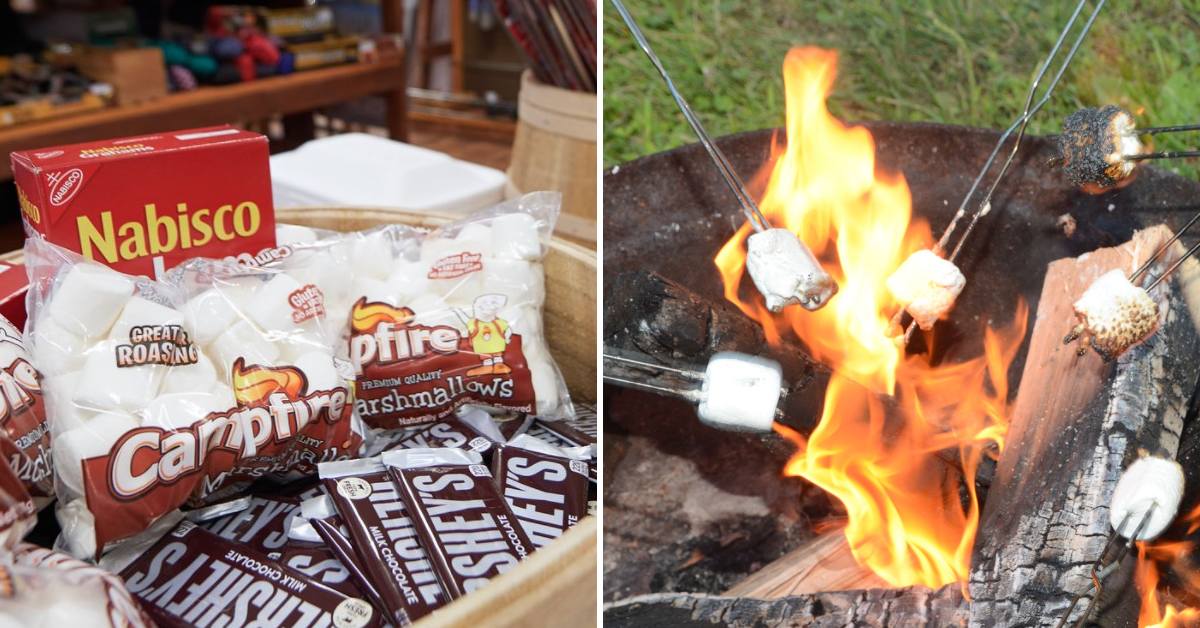s'mores supplies on the left, roasting marshmallows over fire on the right