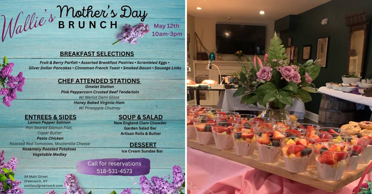mother's day brunch menu on left, individual containers of fruit set up for a buffet on the right