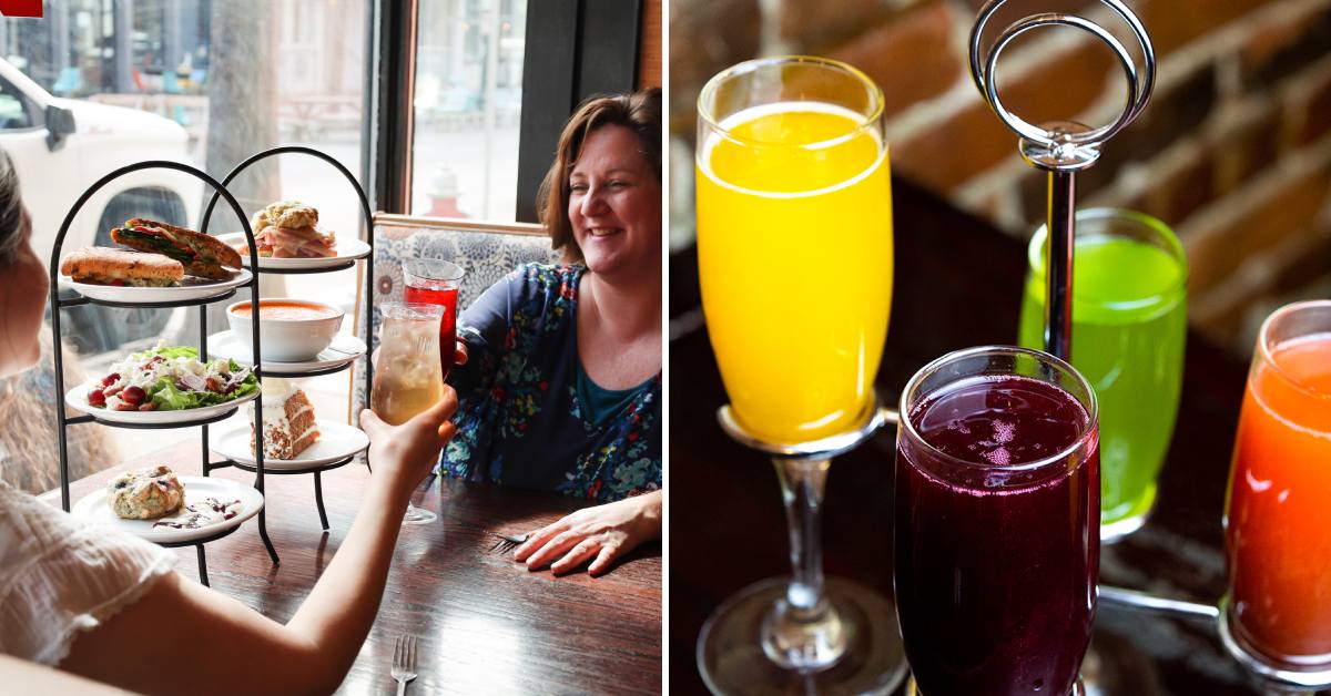 mother and daughter enjoy brunch on left, mimosa flight on the right