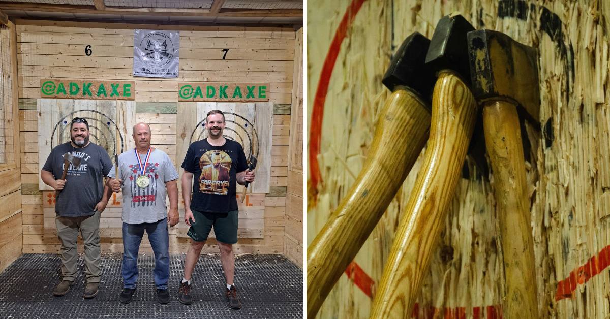 axe throwers pose on the left, three axes in bulls eye target on the right