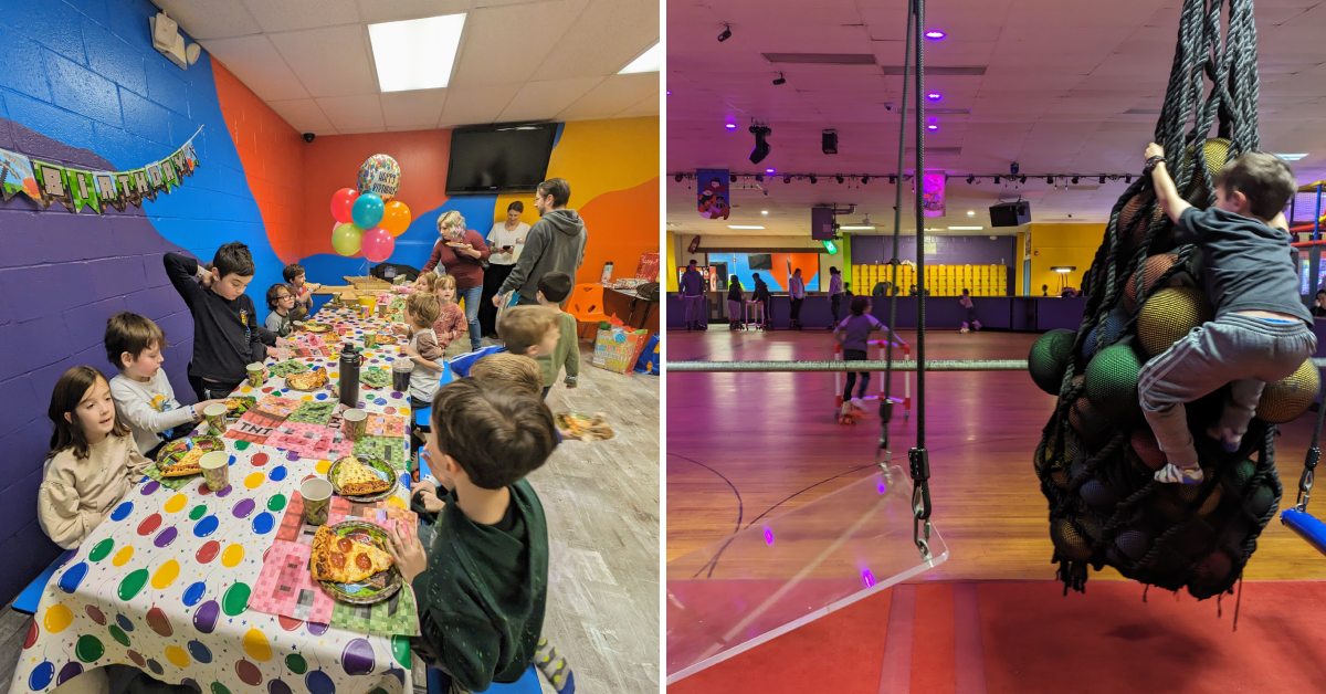 birthday party on the left, kid on indoor climbing structure with roller skating in the background on the right, at the fun spot