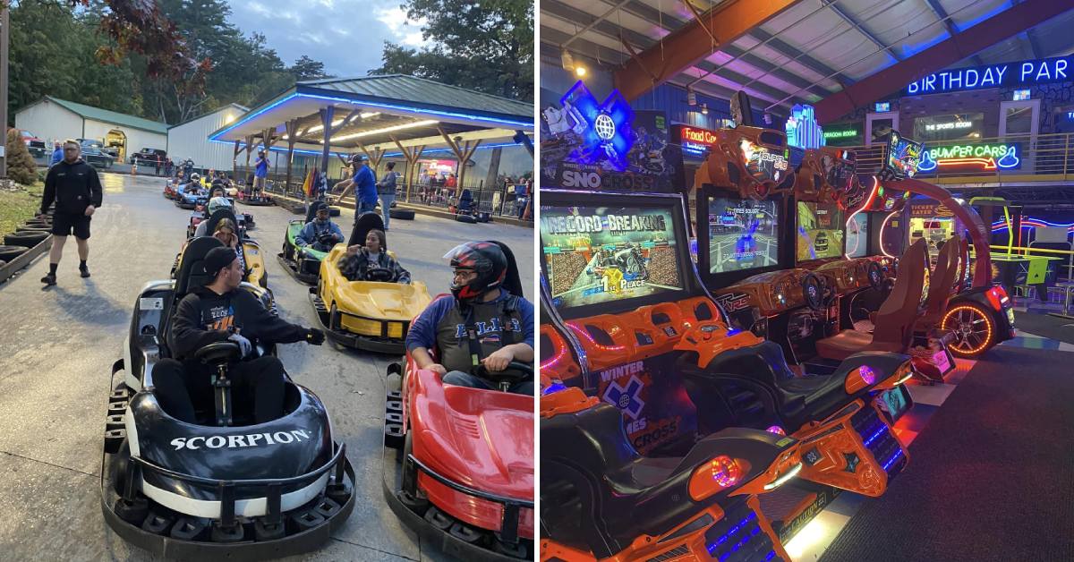 outdoor go karts on the left, indoor arcade on the right