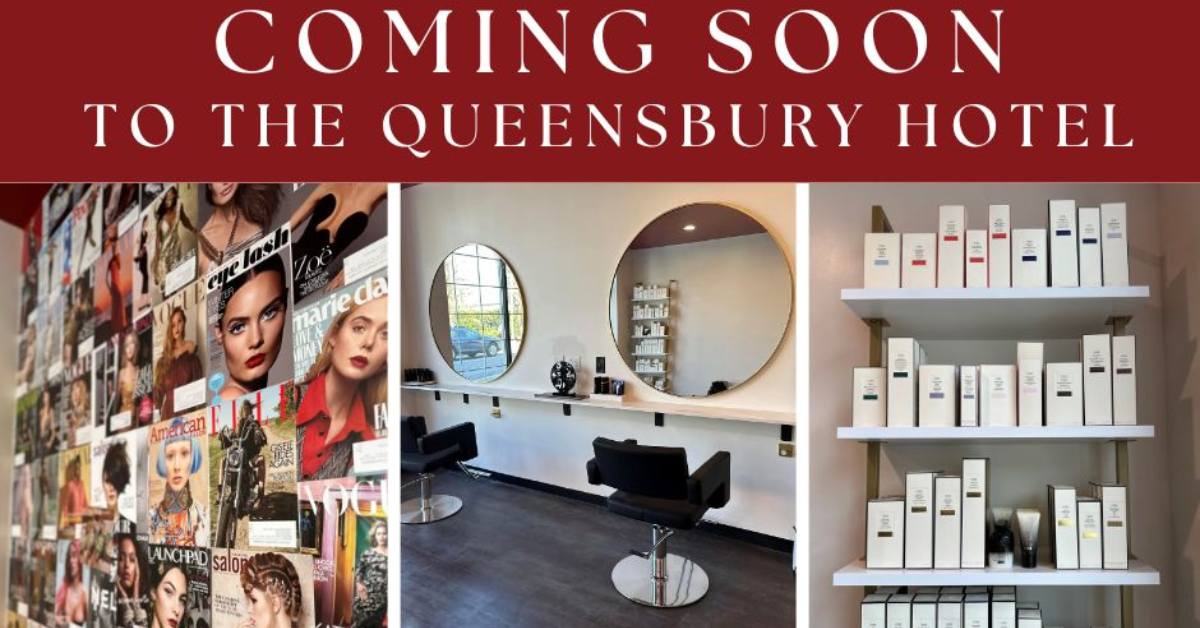 coming soon to the queensbury hotel, with fashion magazines, hairdressing chairs and mirrors, and beauty products