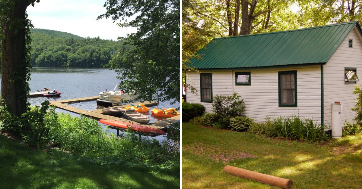 watercraft rentals at dock on the left, cottage on right