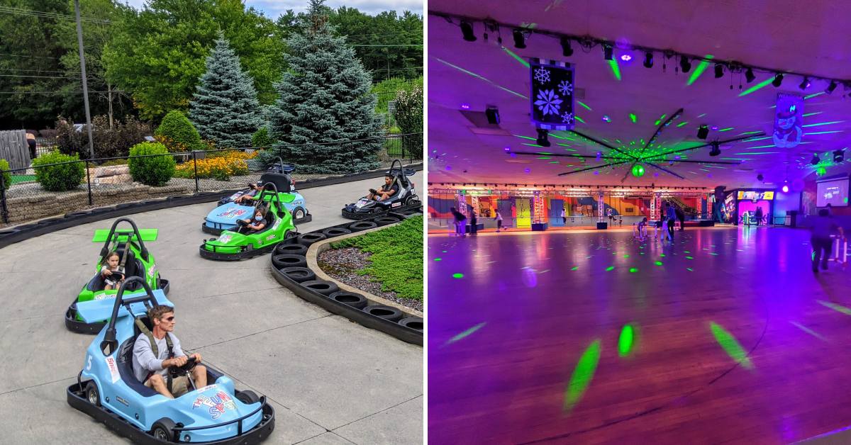 go karts on the left and roller skating rink on the right