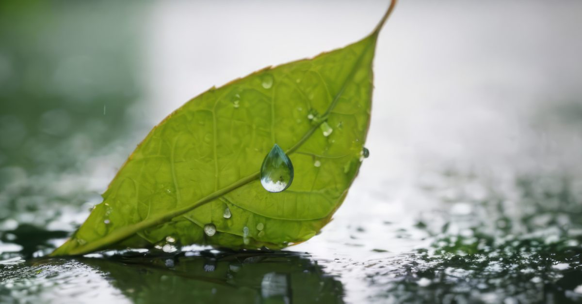 green leaf on ground with rain, raindrop clinging to it