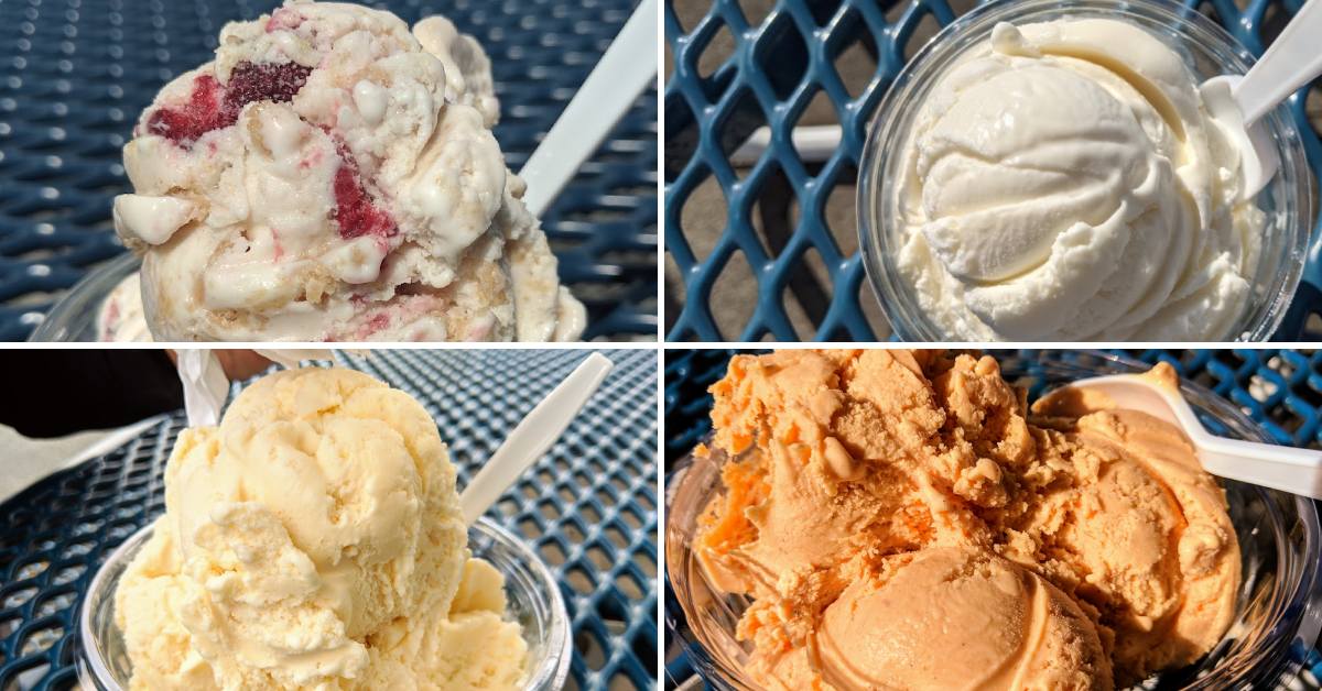 four different kinds of guptills ice cream in dishes
